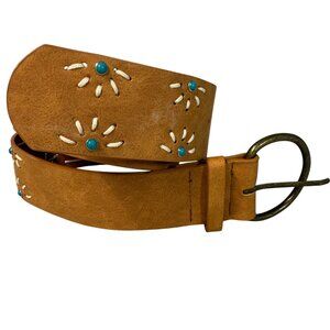Brown Floral Embossed Leather Belt Faux Turquoise Accents Brass Buckle Women's